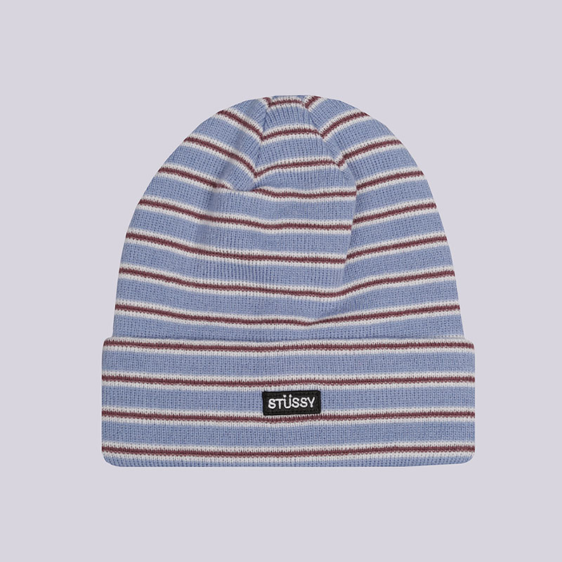  голубая шапка Stussy Striped FA18 Cuff Beanie 132897-blue - цена, описание, фото 1